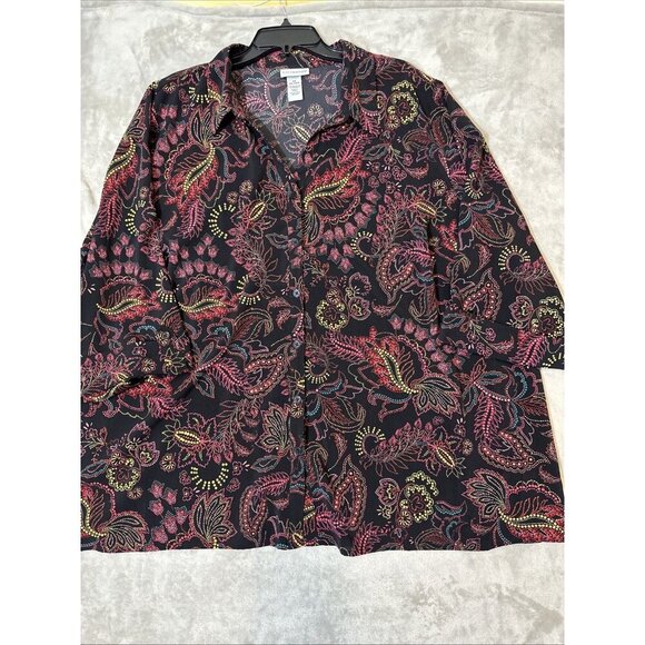 Women’s Catherines Button Up Paisley 3/4 Roll Tab Sleeves Multicolored plus 3X - Picture 8 of 13